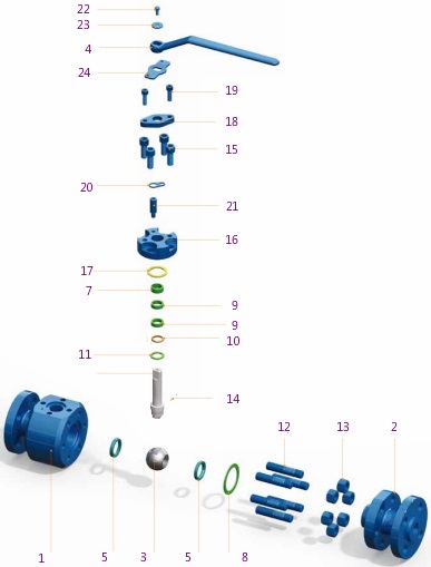 3d explosive view of forged steel floating ball valve