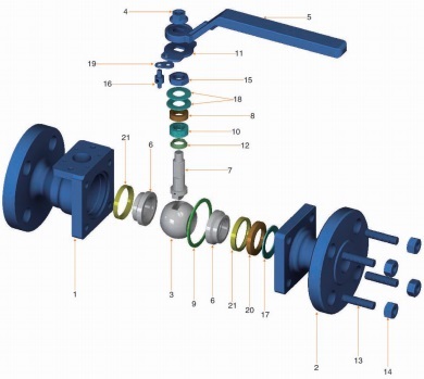 3D explosive view of metal seated floating ball valve