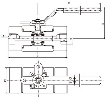technical drawing of forged steel floating 3 piece ball valve full bore