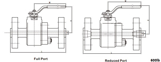 Technical drawing of forged steel floating ball valve class 600