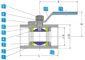 Technical drawing of stainless steel one piece ball valve 1000 wog conventional pattern