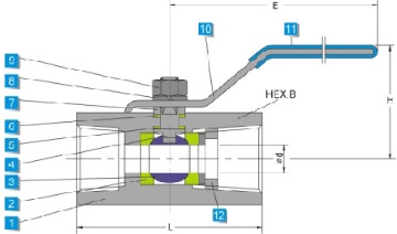 echnical drawing of stainless steel one piece ball valve 2000 wog hexagonal type