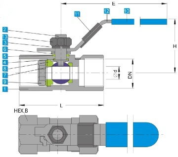 Technical drawing of heavy type stainless steel one piece ball valve 1000 wog