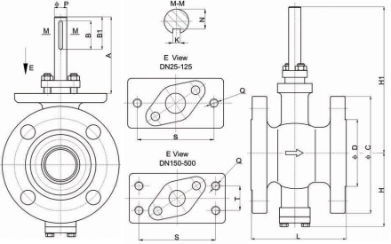 Drawing of RF flanged V port ball valve.