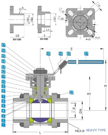 G.A drawing of heavy type ss 3 piece ball valve with mounting pad