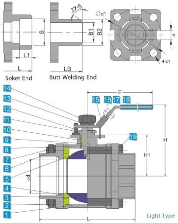 drawing of light type ss 3 piece ball valve with mounting pad