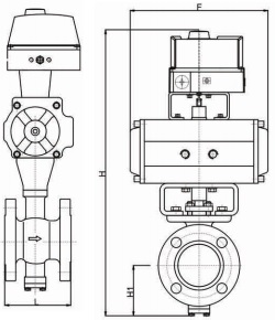 Drawing outline pneumatic drive rf v port ball valve.