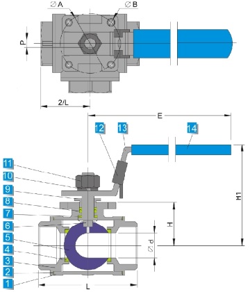 G.A drawing of ss 3 way ball valve with common mounting pad