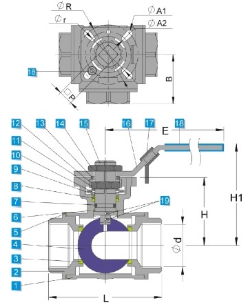 G.A drawing of ss 3 way ball valve with higher platform mounting pad