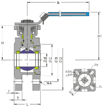 G.A drawing of ss wafer ball valve 150 lb with mounting pad