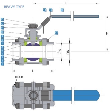 G.A drawing for heavy type stainless steel 3 piece ball valves