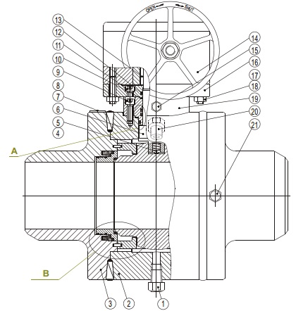 G.A drawing of BW fully welded trunnion ball valve