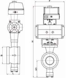 Outline pneumatic wafer type v port ball valve.