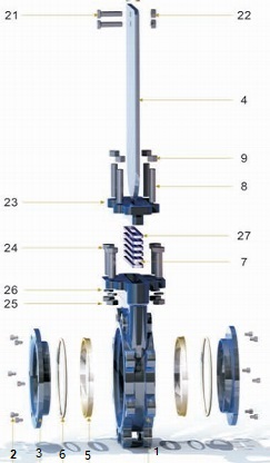 Part 1 of explosive view of soft seal knife gate valve
