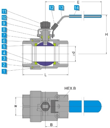 Technical drawing of stainless steel 2 piece ball valve 2000 wog