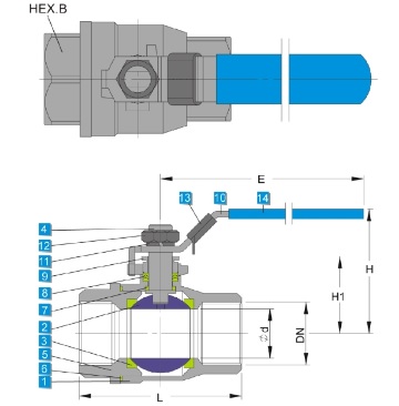 Technical drawing of stainless steel 2 piece ball valve DIN 3202-M3 1000 wog