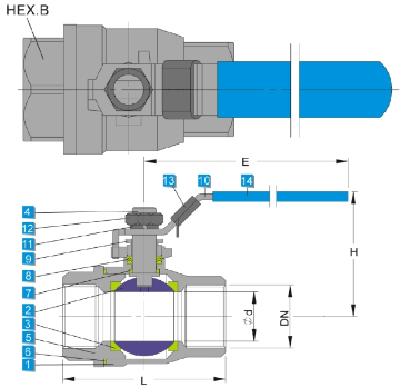 Technical drawing of heavy type stainless steel 2 piece ball valve 1000 wog