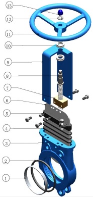 3D exploded view MTB-HNR knife gate valve.