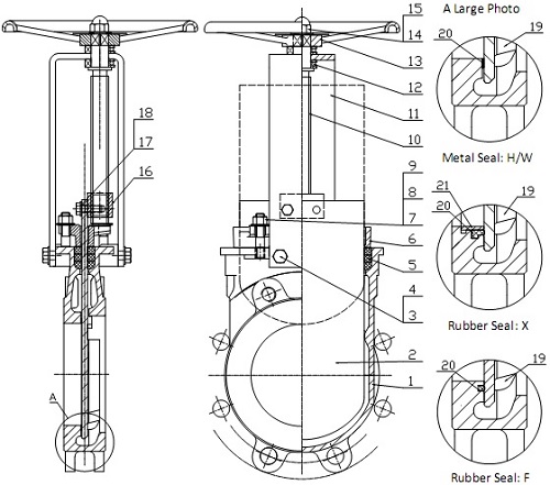 G.A drawing of MTB-HNR knife gate valve.