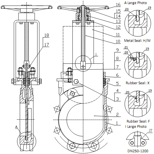G.A drawing of MTB-HRY handwheel op. OS&Y rising stem knife gate valve.