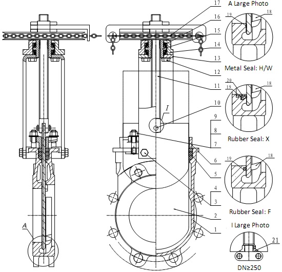 G.A drawing of MTB-SRY series chainwheel knife gate valve.