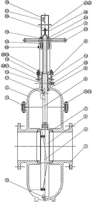 G.A drawing of throught conduit double expanding gate valve.