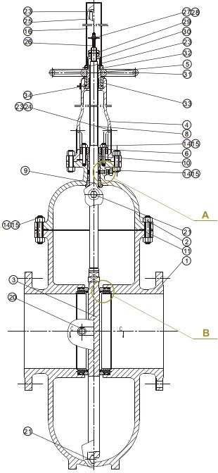 G.A drawing of throught conduit slab gate valve.