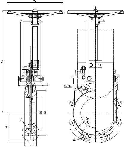 Outline drawing of MTB-HNR knife gate valve.