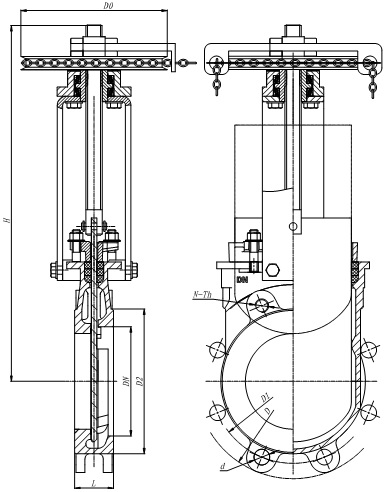 Outline drawing of MTB-SRY series chainwheel knife gate valve