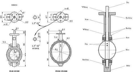 Drawing of wafer type centerline butterfly valve(with pin).