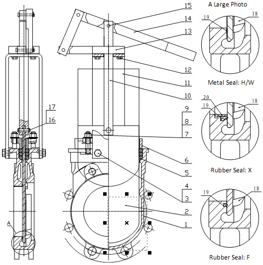 G.A drawing of MTB-LHY series lever operated knife gate valve.