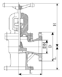 Drawing of DIN angle type globe valve.